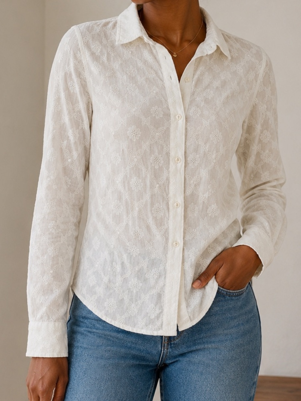 Cino White Floral Jacquard Cotton Button Down Shirt Women’s S Coastal Boho